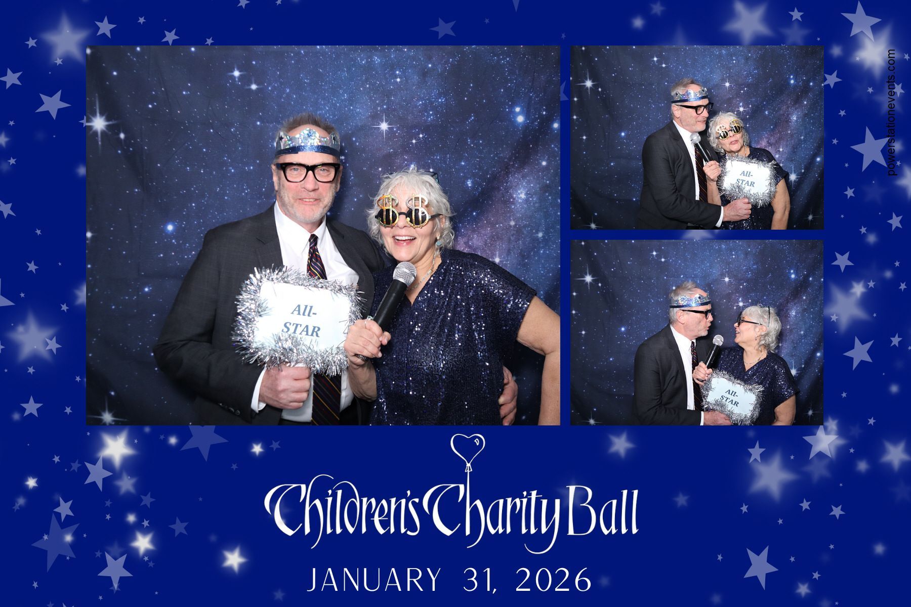 Two people holding a sign at Children’s Charity Ball, with event date January 31, 2026.
