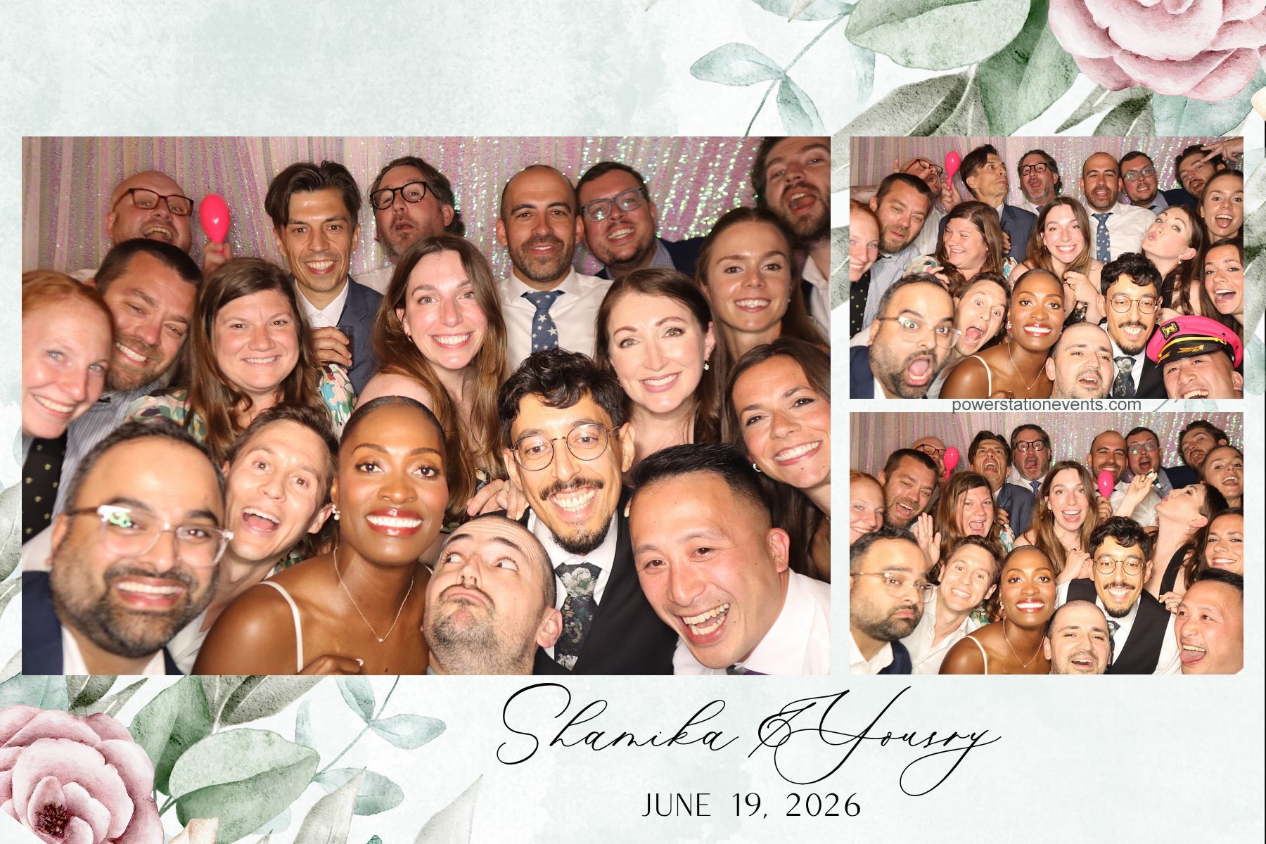 Wedding photo collage with smiling guests, floral border, and date text at bottom