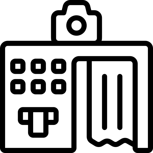Black outline icon of a digital camera with keypad and a curtain backdrop