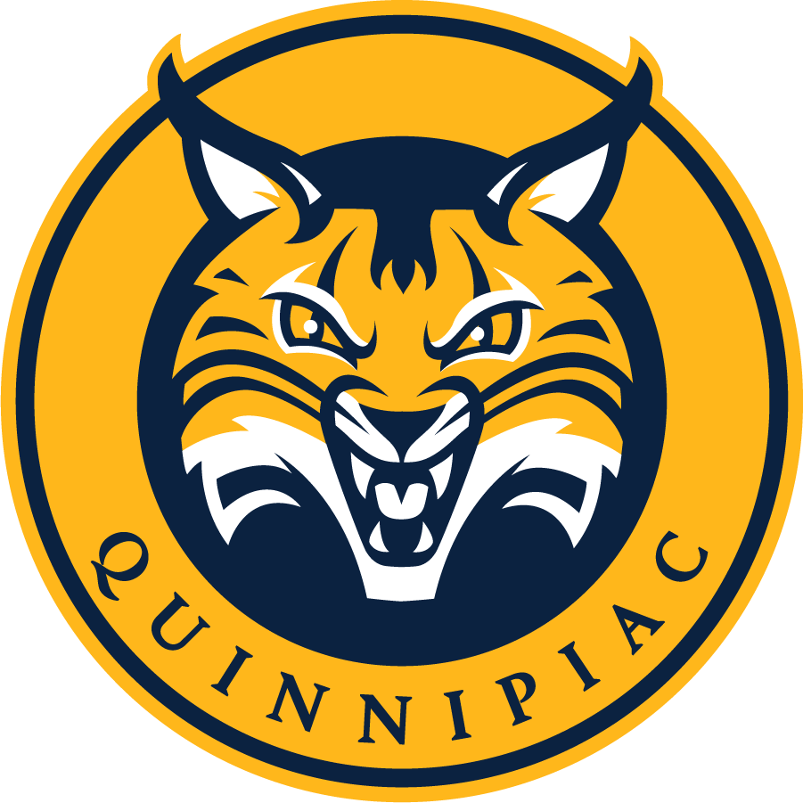 Quinnipiac Bobcats logo with a snarling bobcat head in blue and gold circle