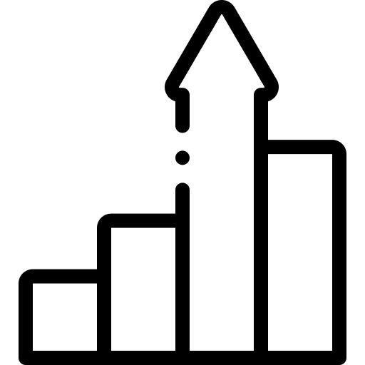 Black bar chart with an upward arrow indicating growth or progress