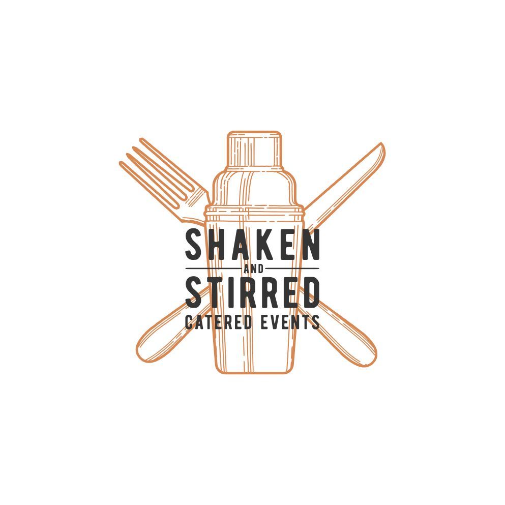 Logo for Shaken Stirred Catered Events with crossed fork, knife, spoon, and cocktail shaker in orange line art