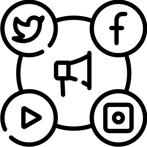 Social media sharing icons around a megaphone symbol