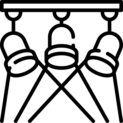 Three stage lights on a truss, shown in black line art with crossed support stands