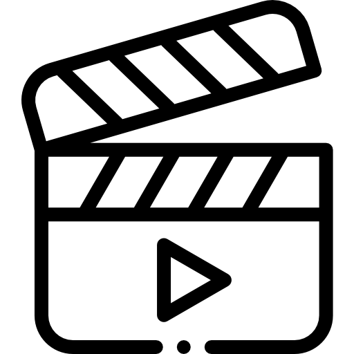 Black clapperboard with a play button, representing a video icon