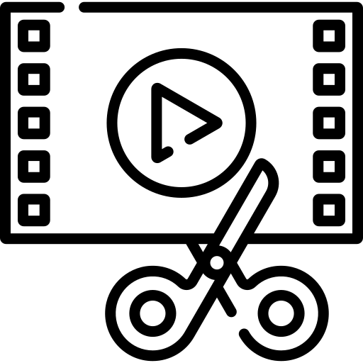 Video edit icon: film strip with play button and scissors in black outline
