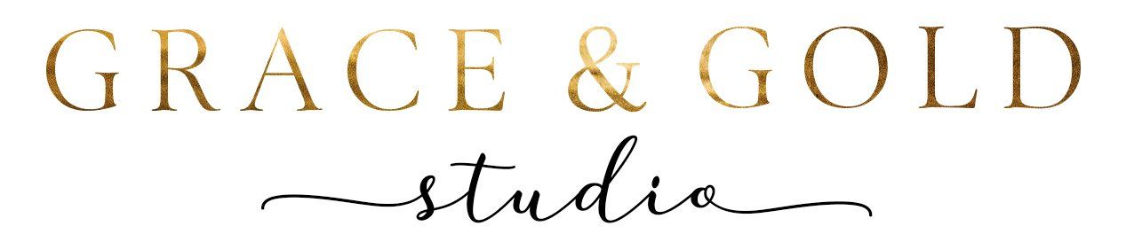 Gold “GRACE & GOLD studio” logo with elegant script on a white background