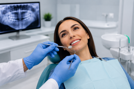 Un dentista utilizza degli strumenti su un paziente sorridente in una luminosa clinica odontoiatrica.