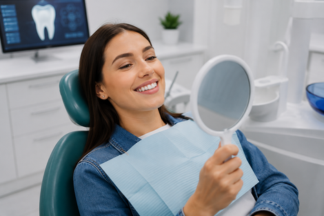 Paziente sorridente che tiene in mano uno specchio in un luminoso studio dentistico.
