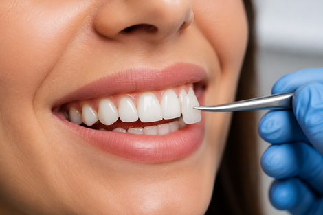 Un dentista controlla i denti bianchi con uno specchietto dentale mentre il paziente sorride.