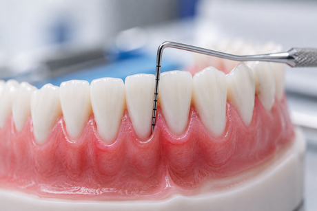 Primo piano di un modello dentale con gengive rosa e denti bianchi, esaminato con uno strumento metallico.