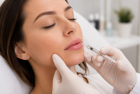 Una donna riceve un'iniezione cosmetica alle labbra da un operatore con i guanti in un ambiente clinico.