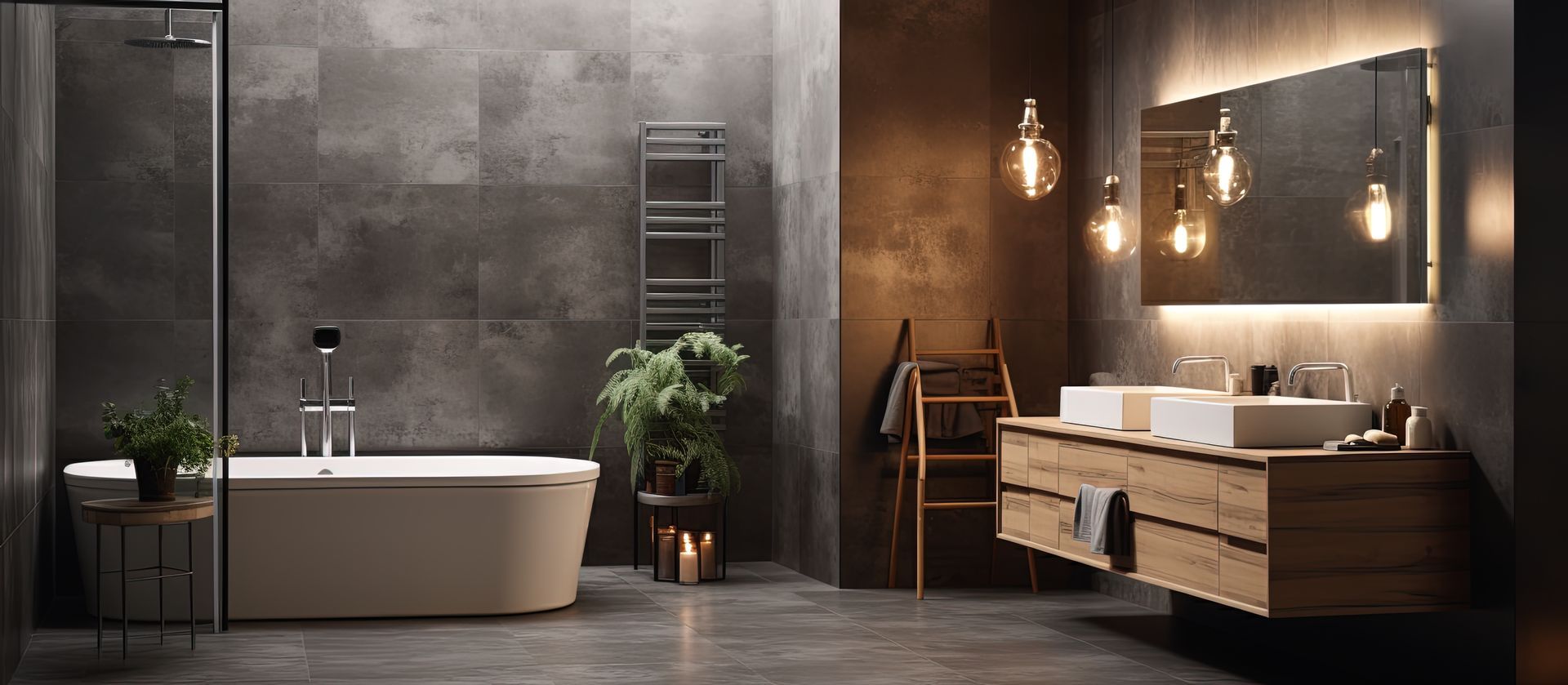 Modern gray tile bathroom with freestanding tub and floating wood vanity.