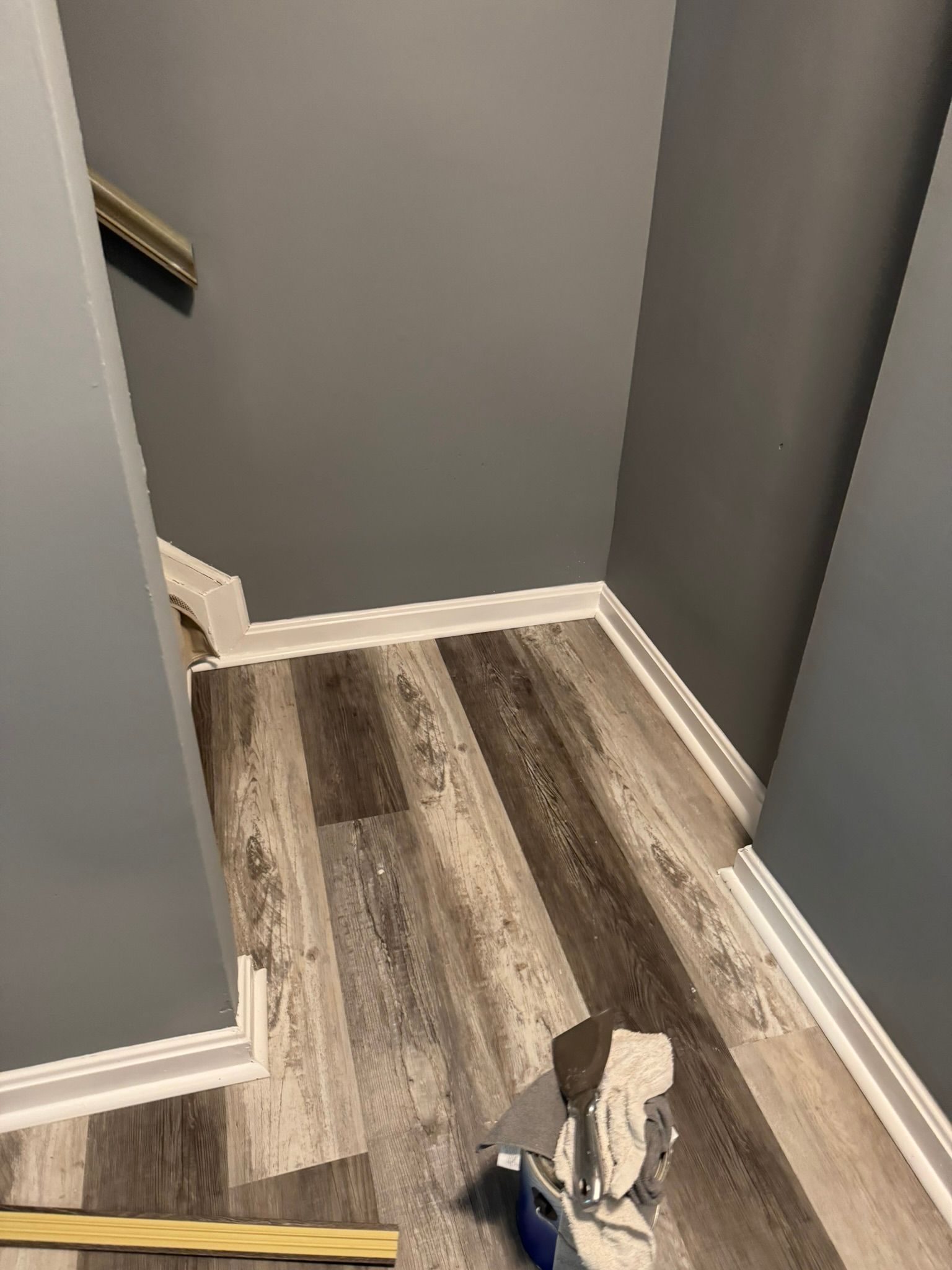 Narrow gray hallway with wood-look flooring and a small box of items on the floor.