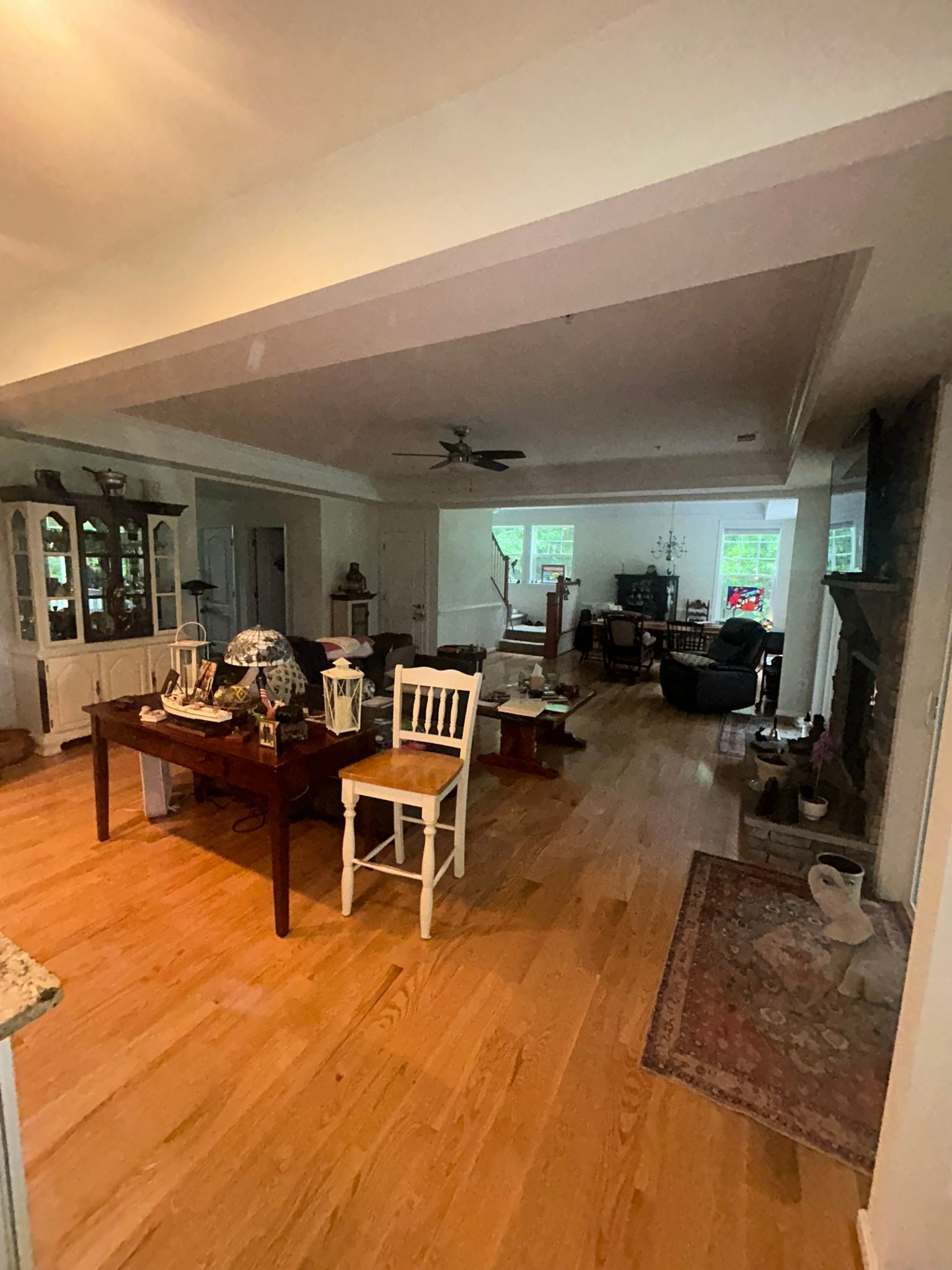 Wide open living-dining room with hardwood floors, table, chairs, and sofas in soft natural light