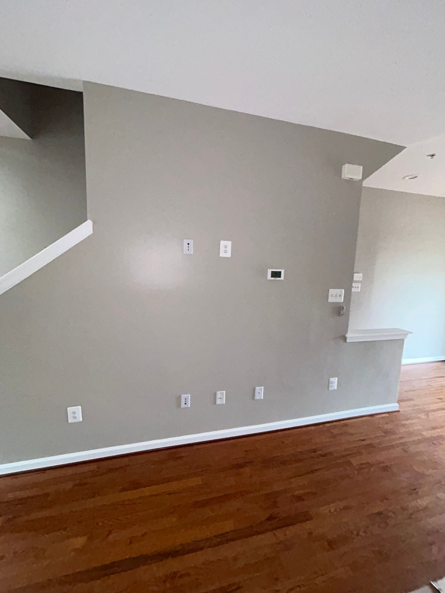 Empty living room wall with multiple outlet plates above a hardwood floor, light gray walls, and white trim