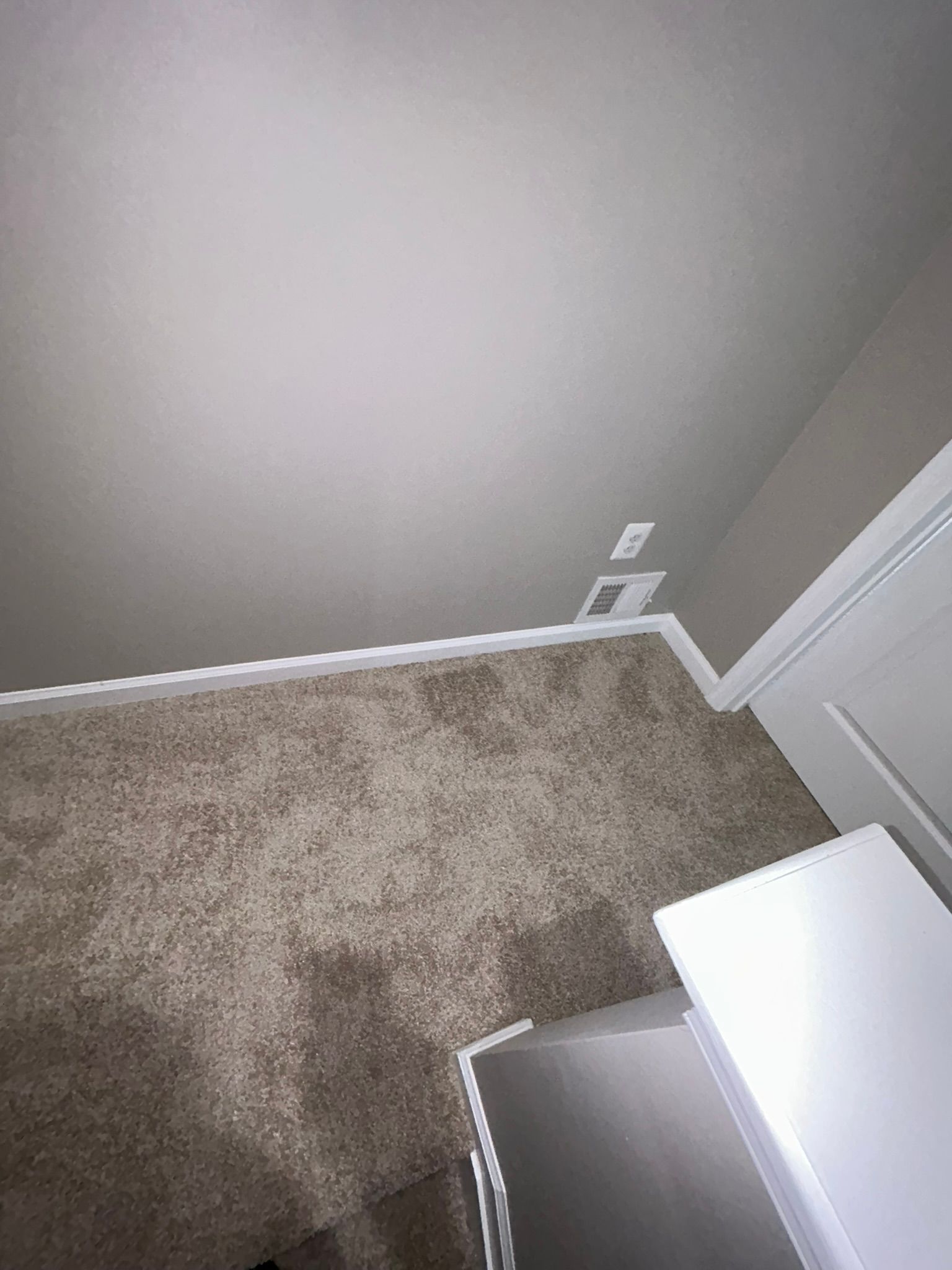 Carpeted corner of a room with gray walls, white trim, and a small white shelf or desk edge in the foreground