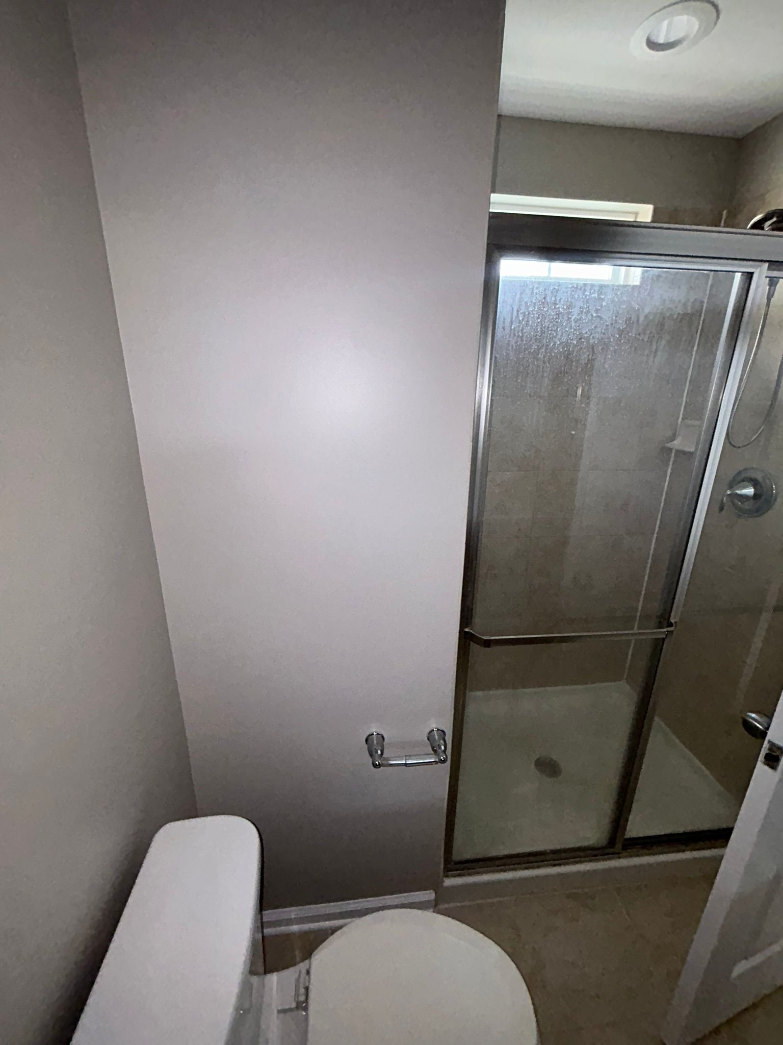 Small bathroom with toilet, shower stall, and light gray walls.