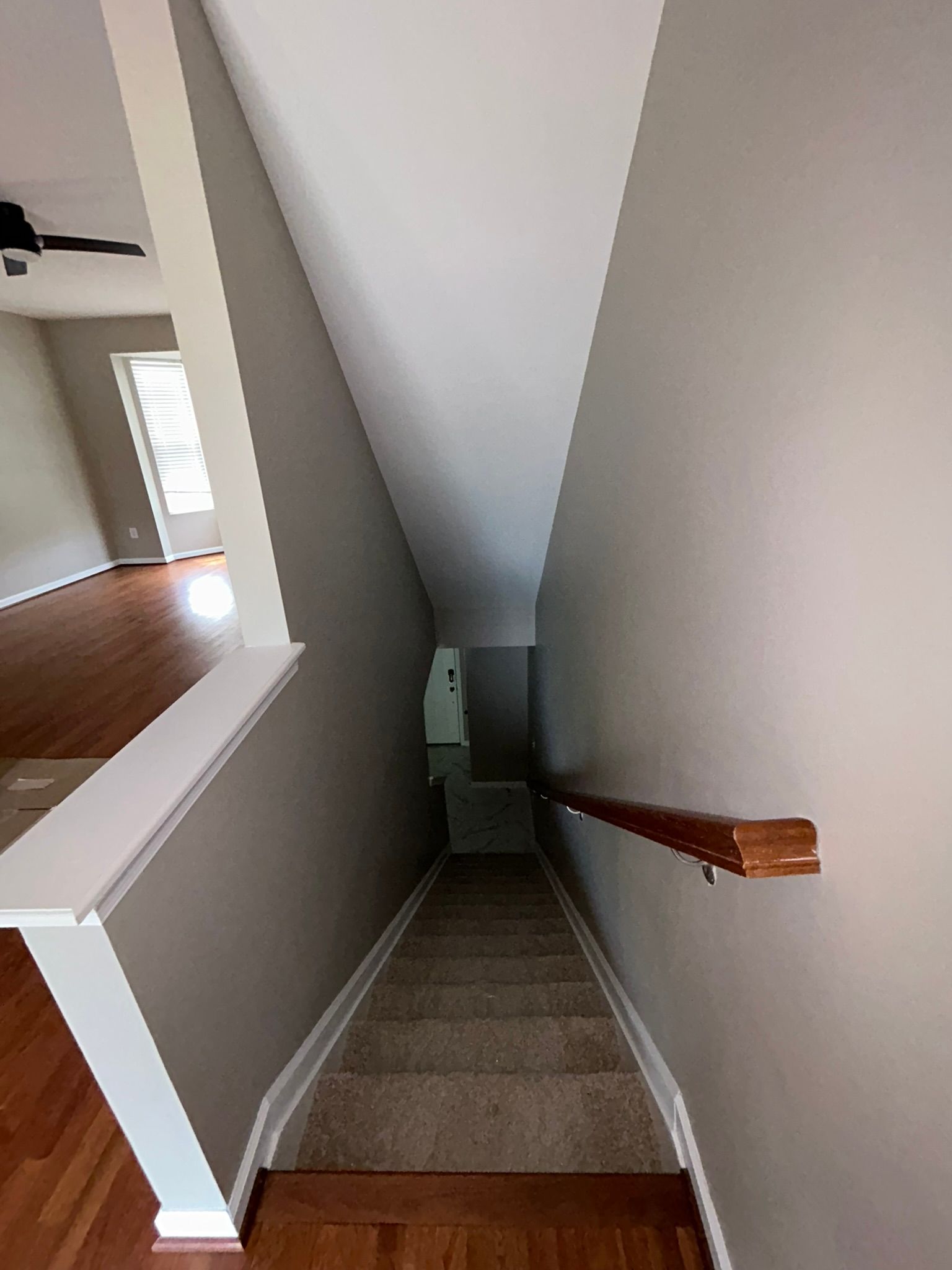 Narrow carpeted stairwell descending to a lower landing with beige walls and wooden handrails