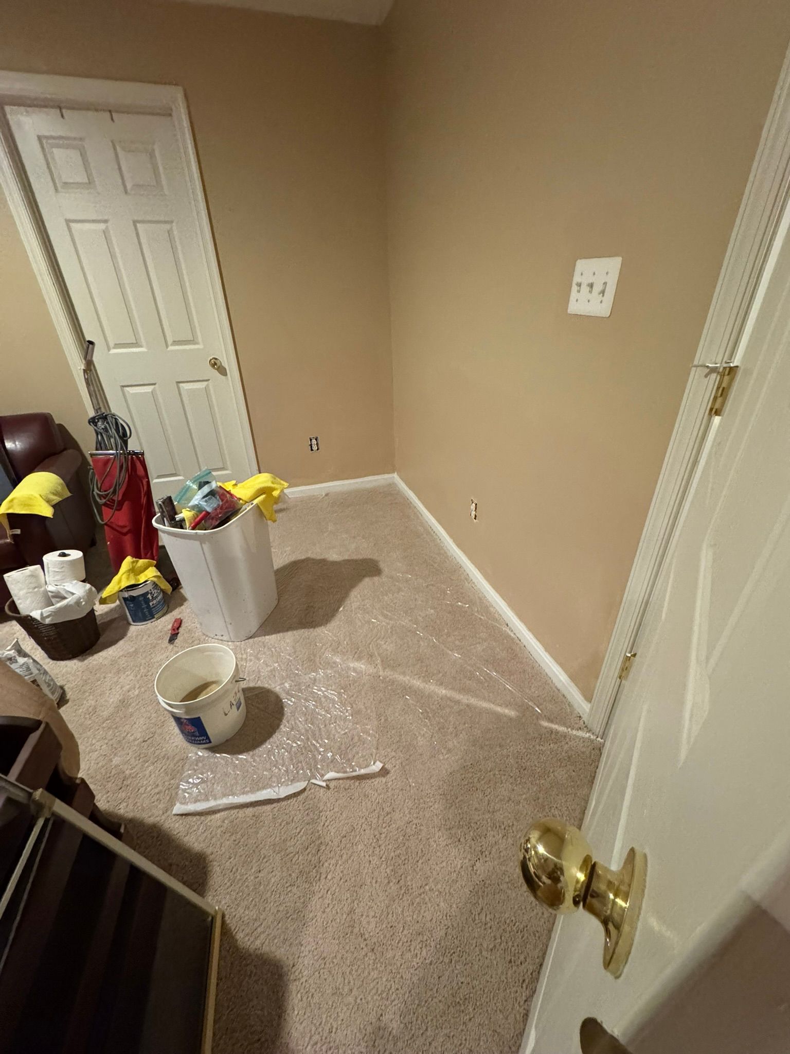 Messy beige room with trash bags, scattered items, and an open door on carpeted floor.