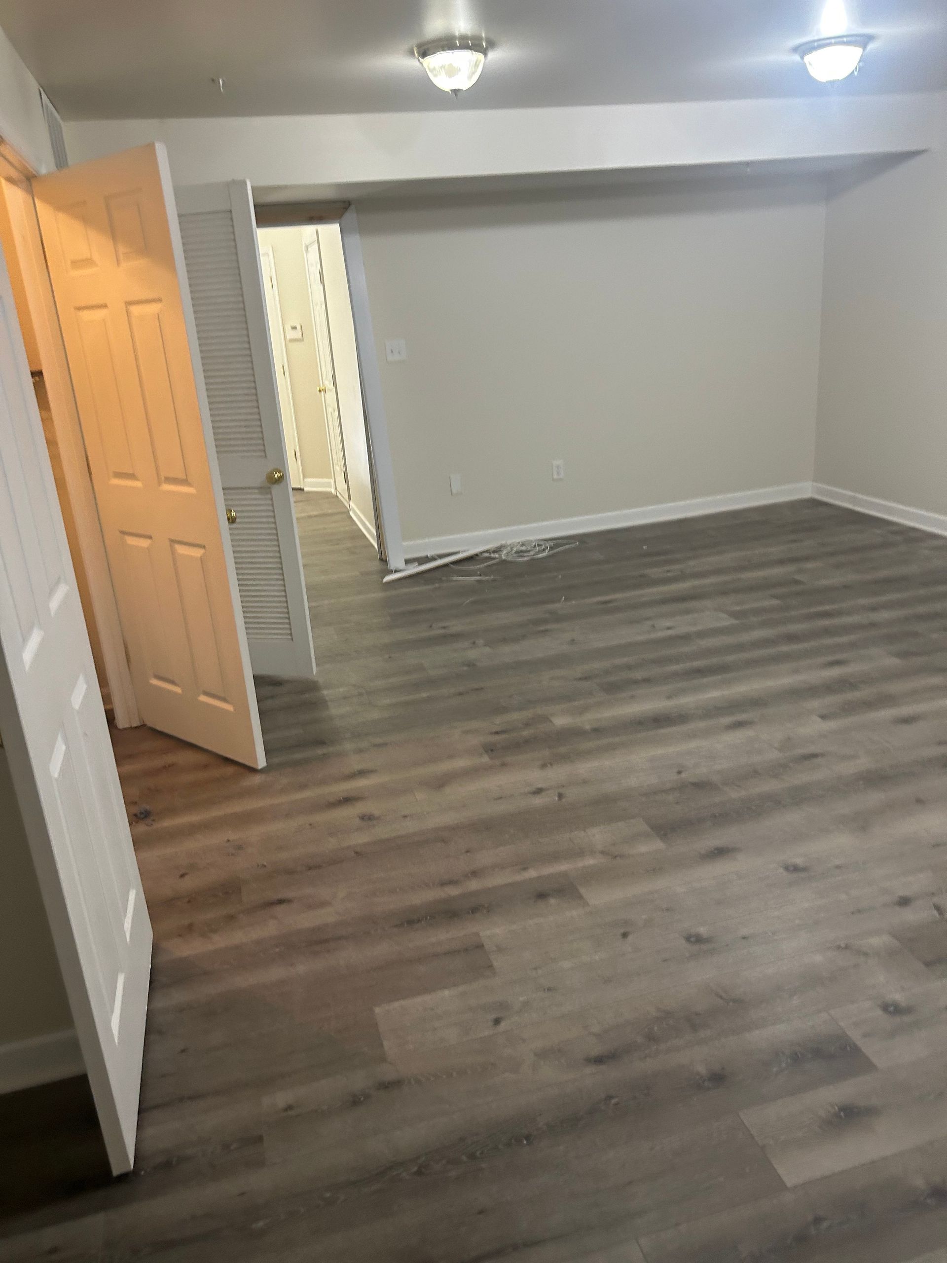 Empty living room with gray wood-look flooring, white walls, and ceiling lights, viewed from a doorway