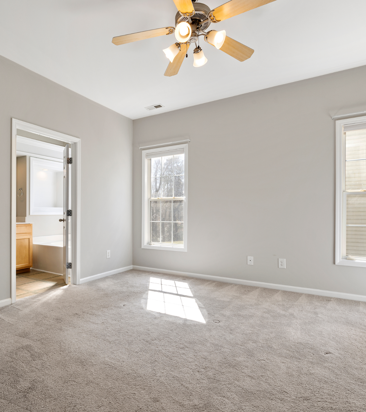 Empty gray bedroom with carpet, two windows, and a ceiling fan, lit by sunlight through the blinds