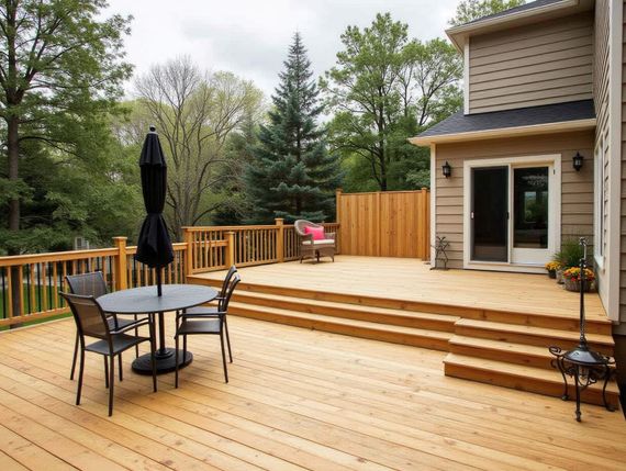 Wooden deck overlooking a lush green forest; lounge chair and grill visible.