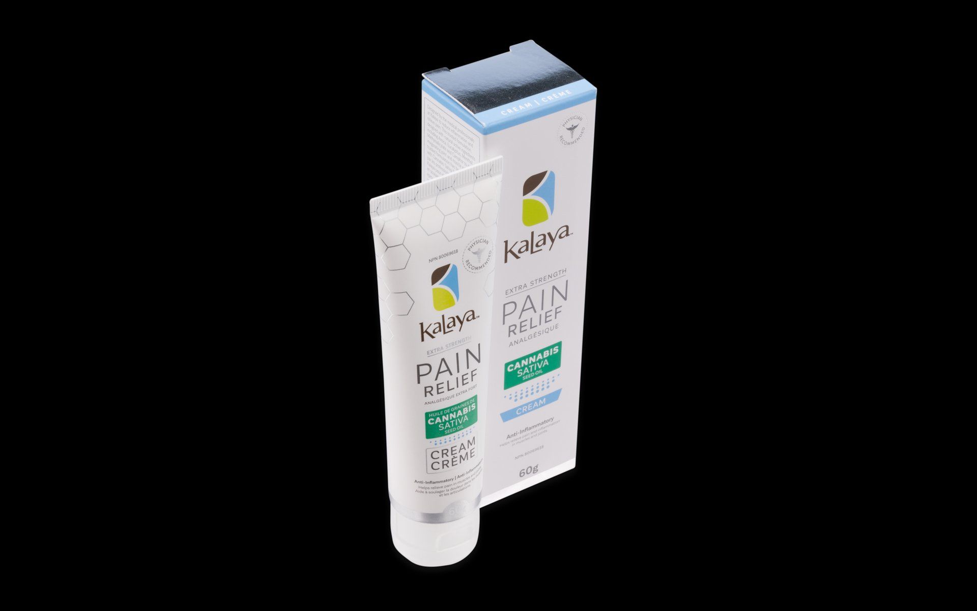 A tube of pain relief cream next to a box