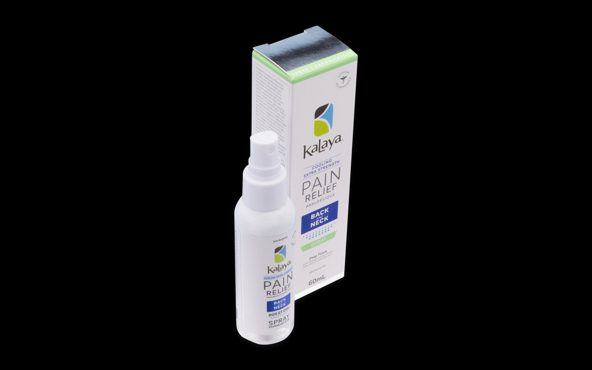 A bottle of pain relief spray next to a box on a black background.