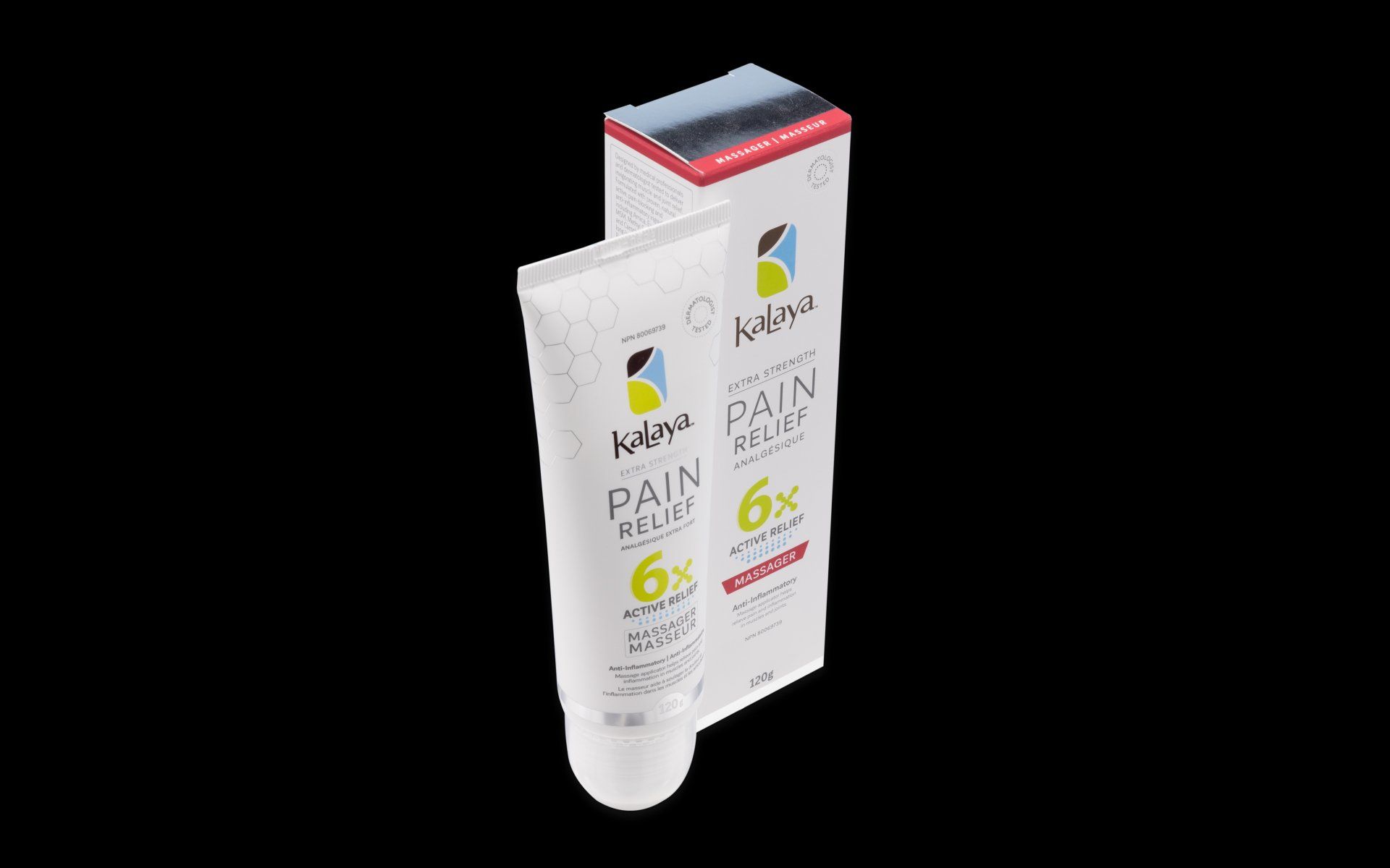 A tube of pain relief cream next to a box on a black background.