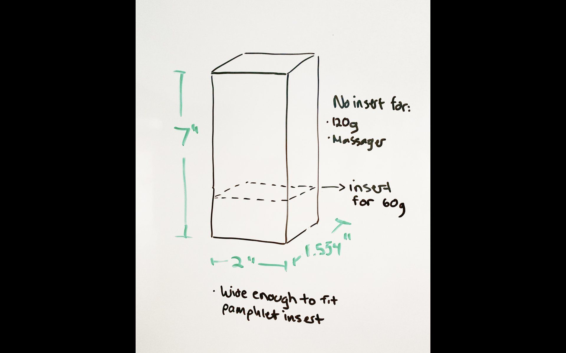 A drawing of a box with measurements on it