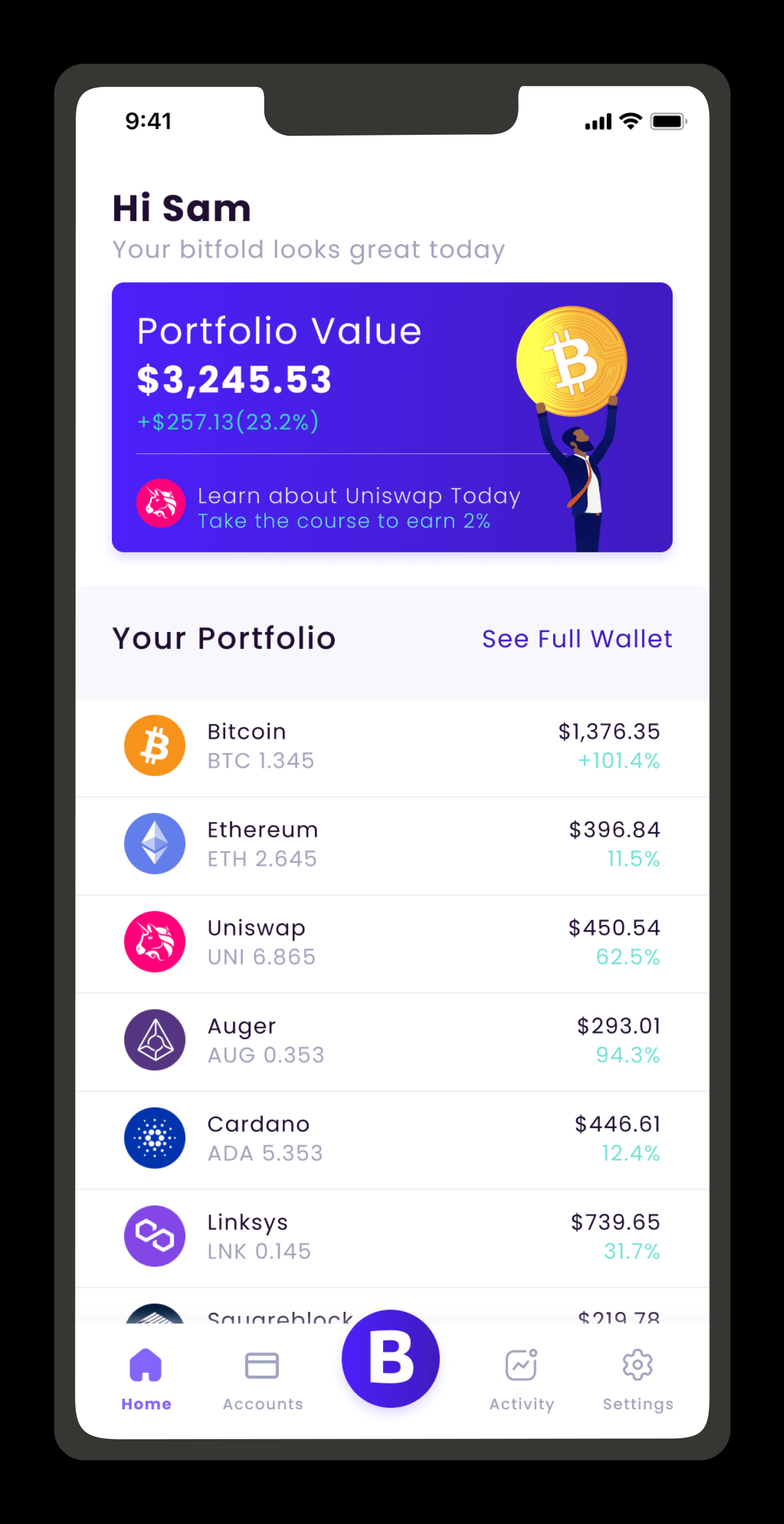 A phone screen shows a man holding a coin with the letter b on it.