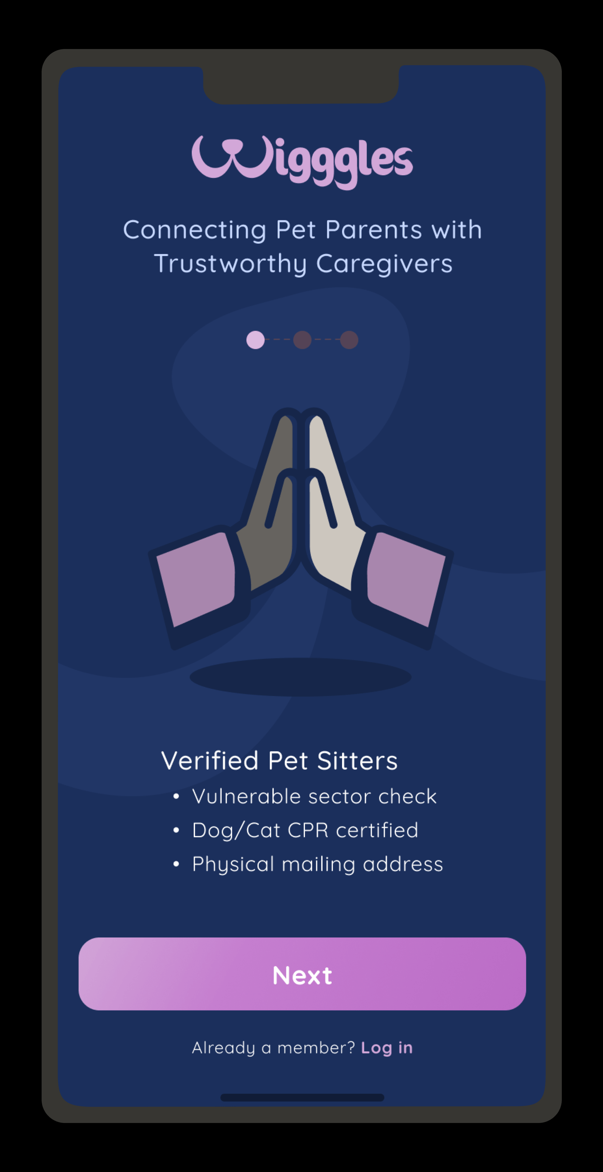 A phone screen that says wiggles connecting pet parents with trustworthy caregivers