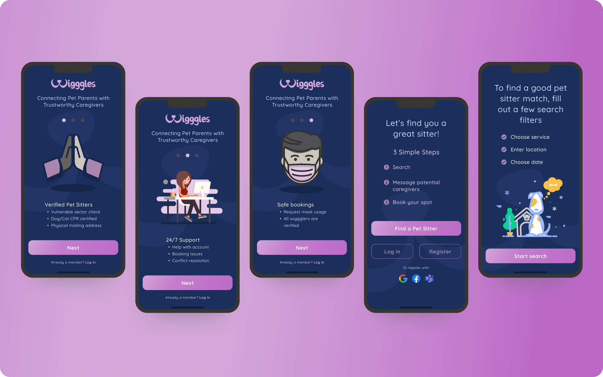 A bunch of phones with different screens on them on a purple background.