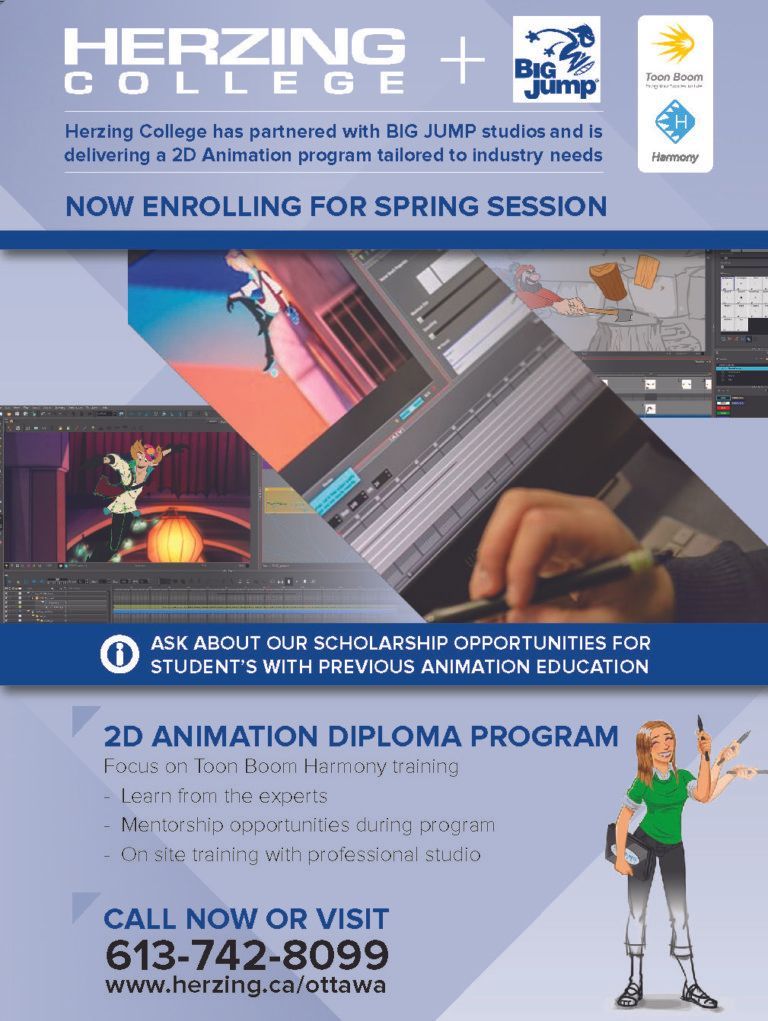 Herzing College ad for 2D animation diploma program, featuring laptop work and enrollment info