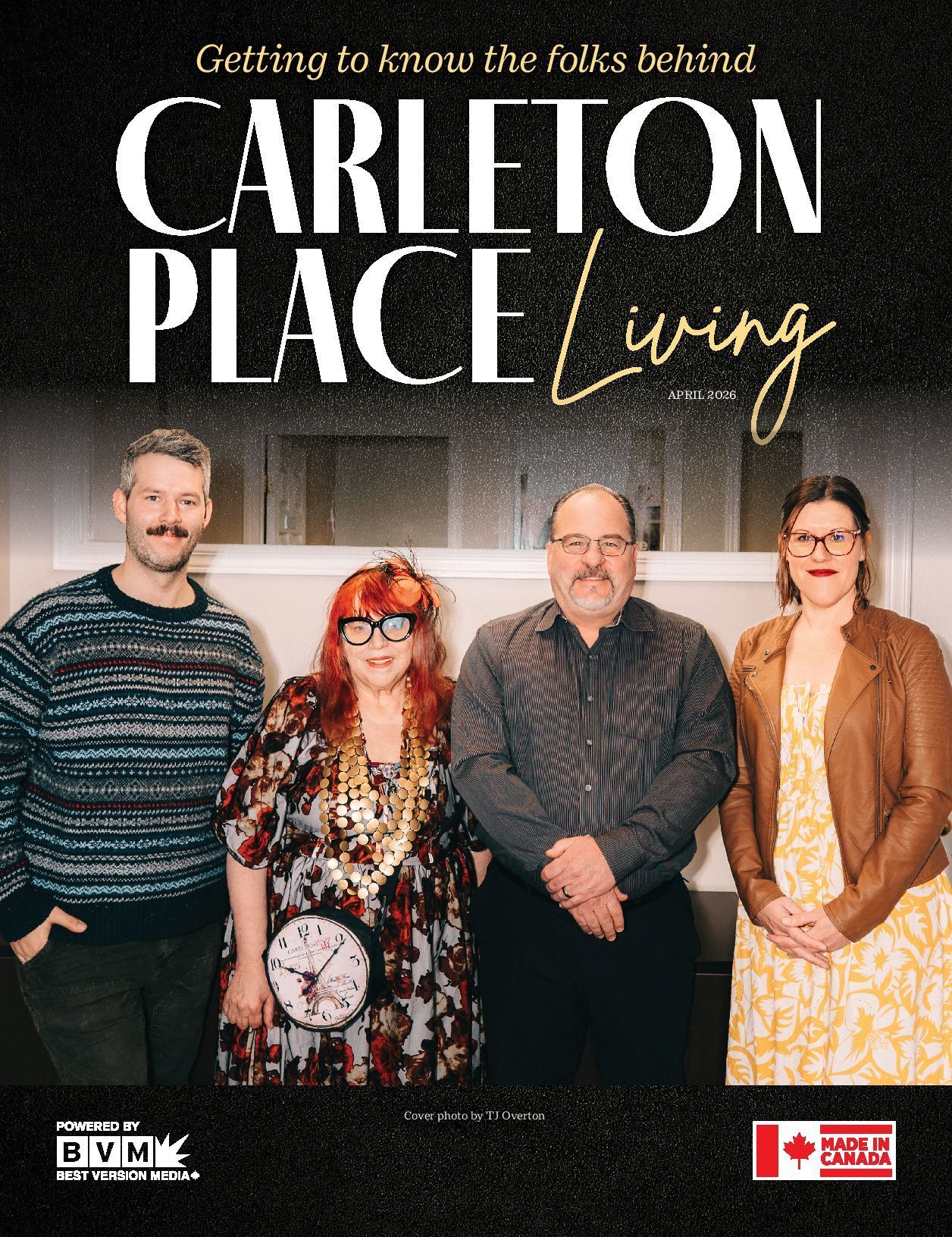 Poster for “Carlton Place Living” showing four people standing against a dark background