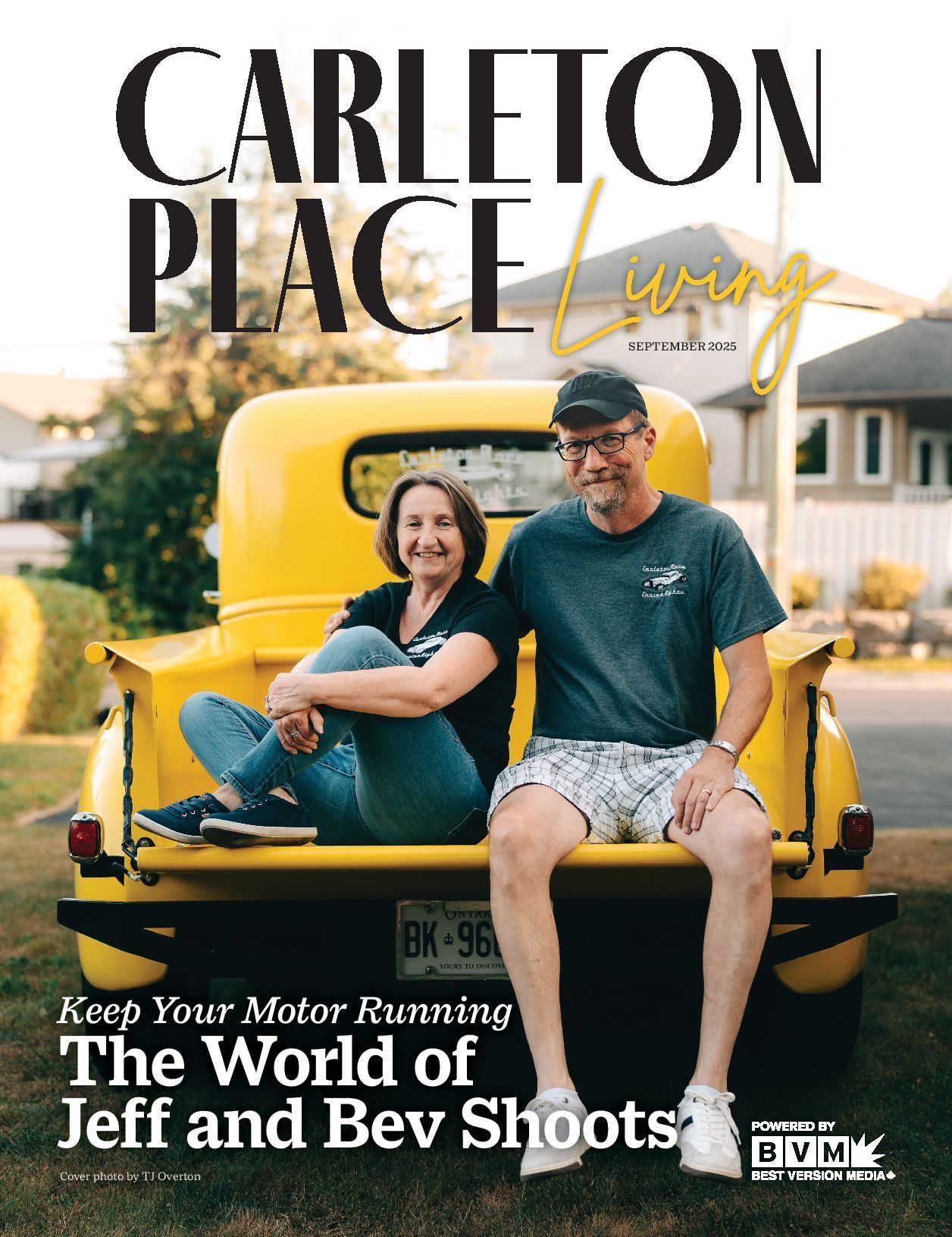 Couple sitting on a yellow truck bumper in front of a house, with Carleton Place Living magazine text.