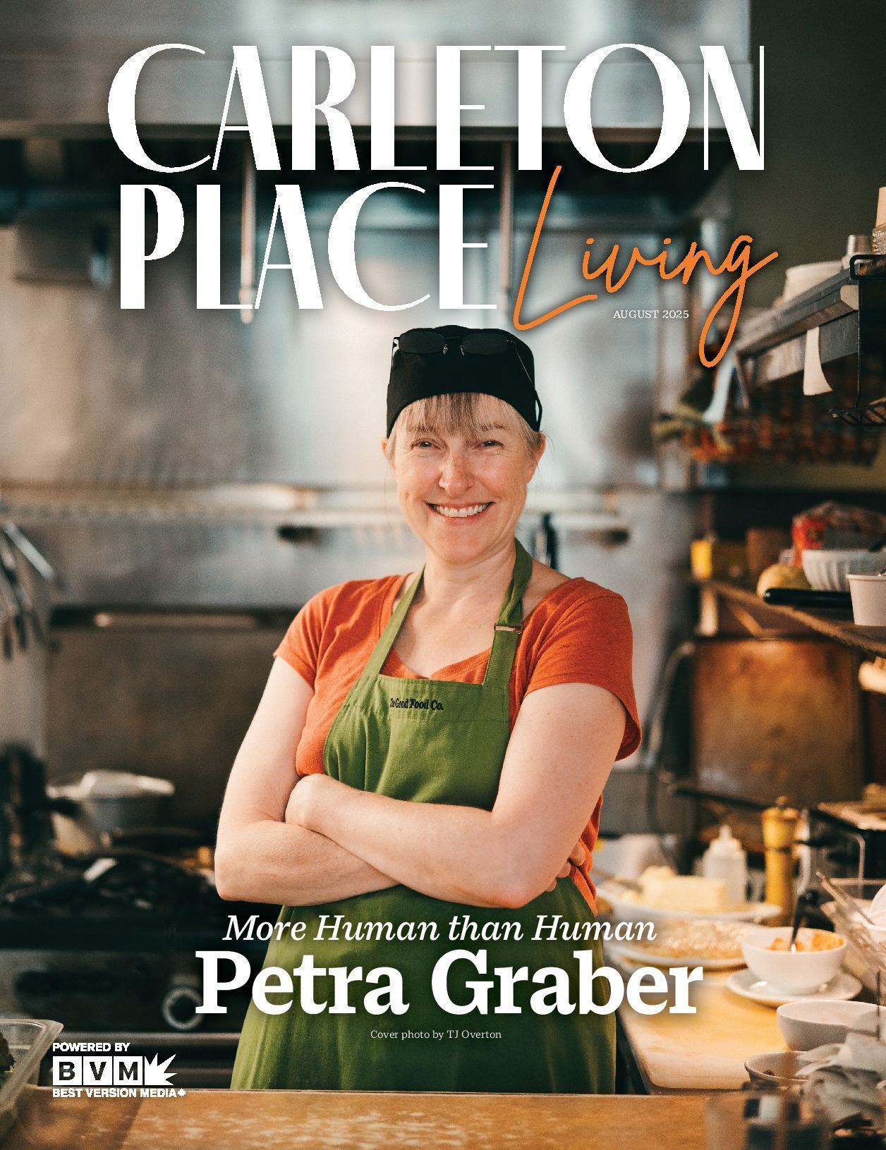 Chef Petra Graber smiling in a kitchen, with “Carleton Place Living” magazine cover text