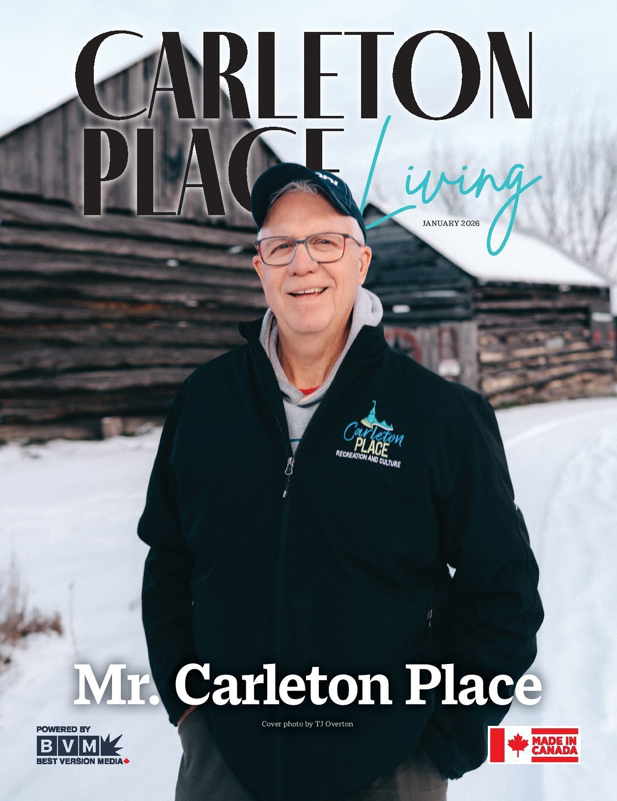 Man in black jacket standing outdoors in snow, with “Carleton Place” title and “Mr. Carleton Place” text.