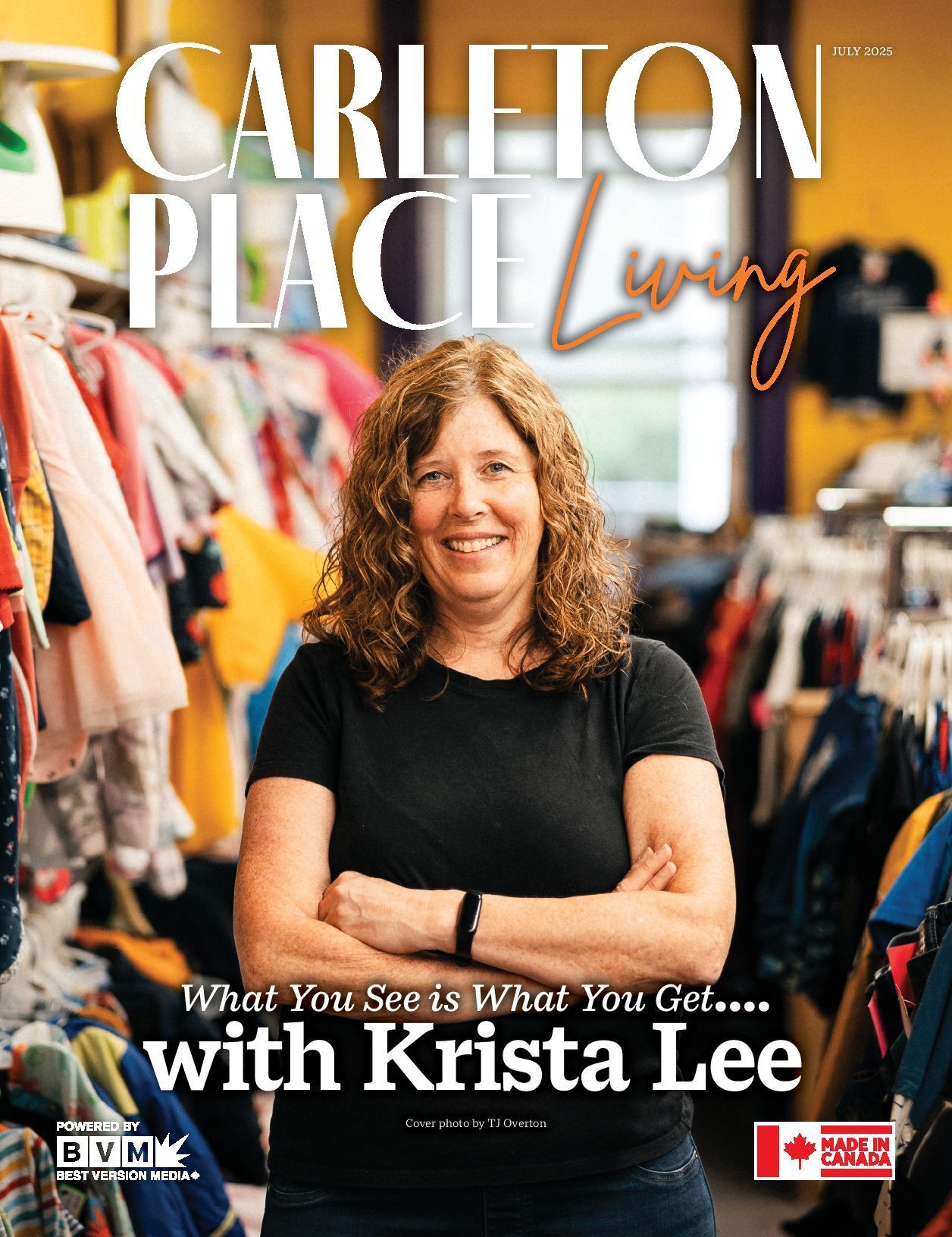 Woman smiling in a clothing store with the text “Carleton Place Living with Krista Lee.”