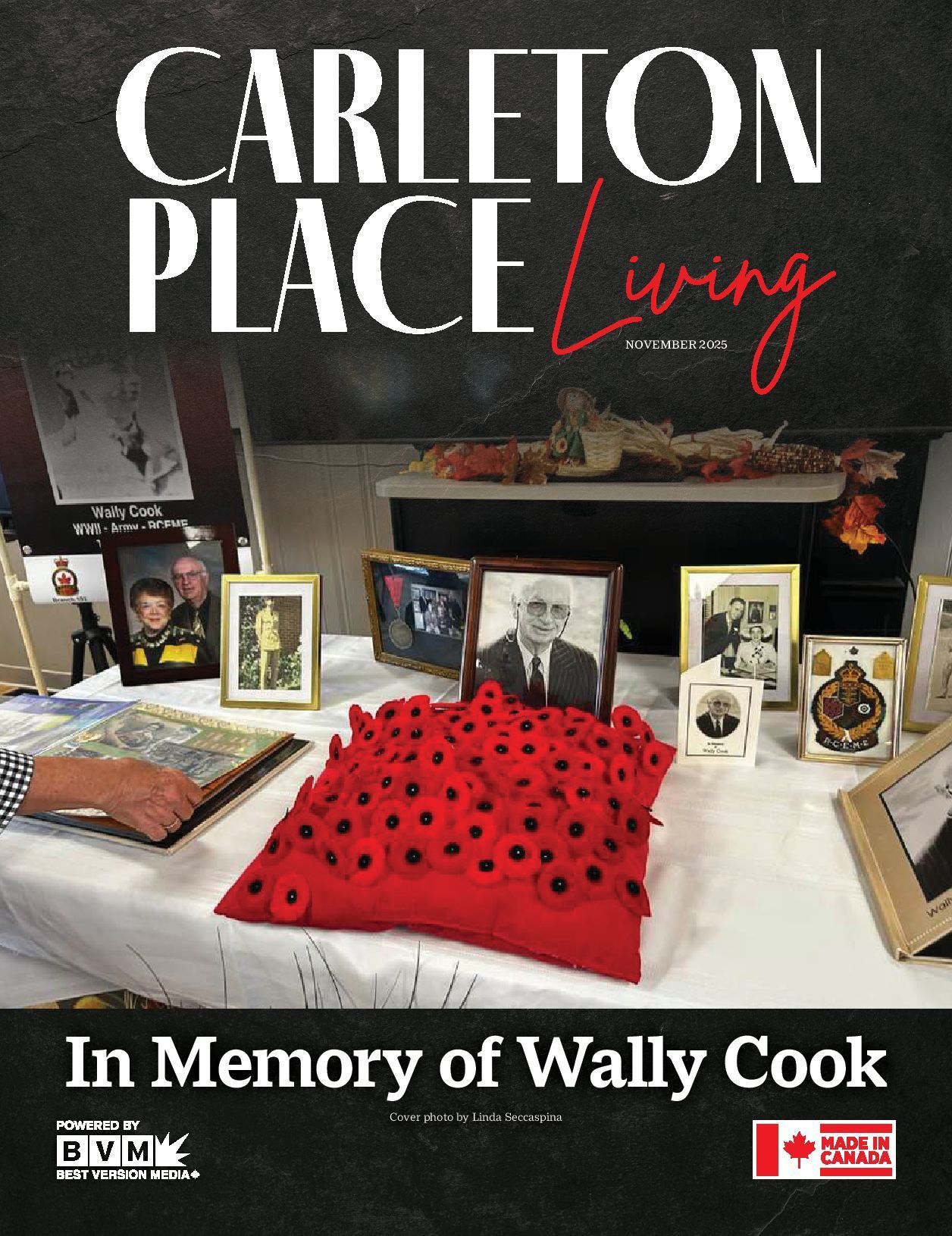 Carleton Place Living memorial display with photos and red poppy wreath for Wally Cook