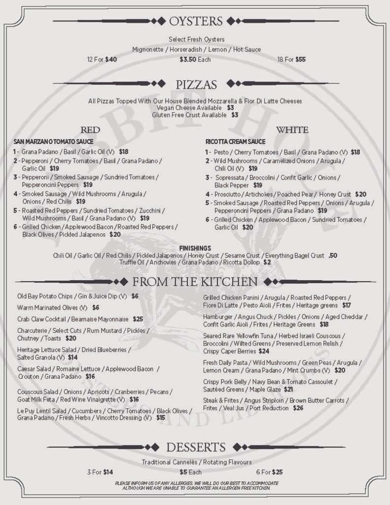Vintage restaurant menu on cream paper with ornate border and sections for entrees, lunch, fish, and desserts.