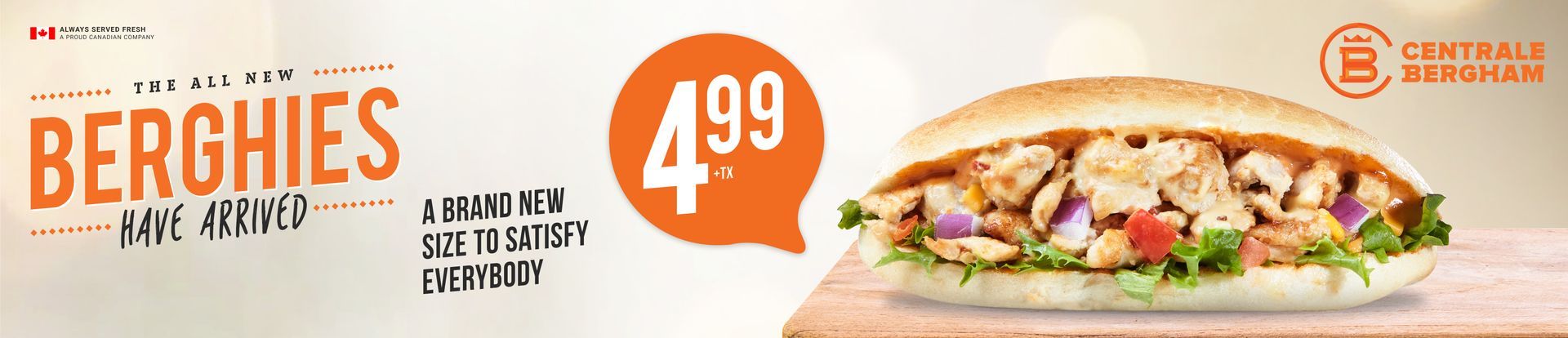 BERGHIES sub sandwich ad with orange $4.99 price bubble and a sandwich on the right