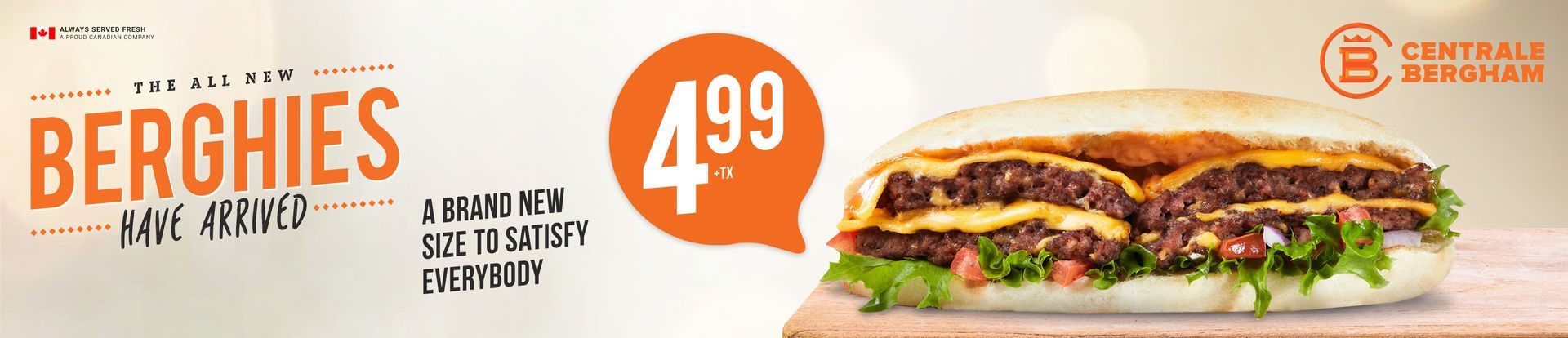 Berghies sandwich ad with a 4.99 price tag and a stacked grilled sandwich on a white background