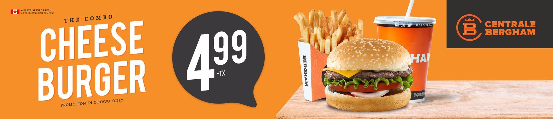 Orange cheese burger ad with a burger, fries, drink, and price tag showing 4.99