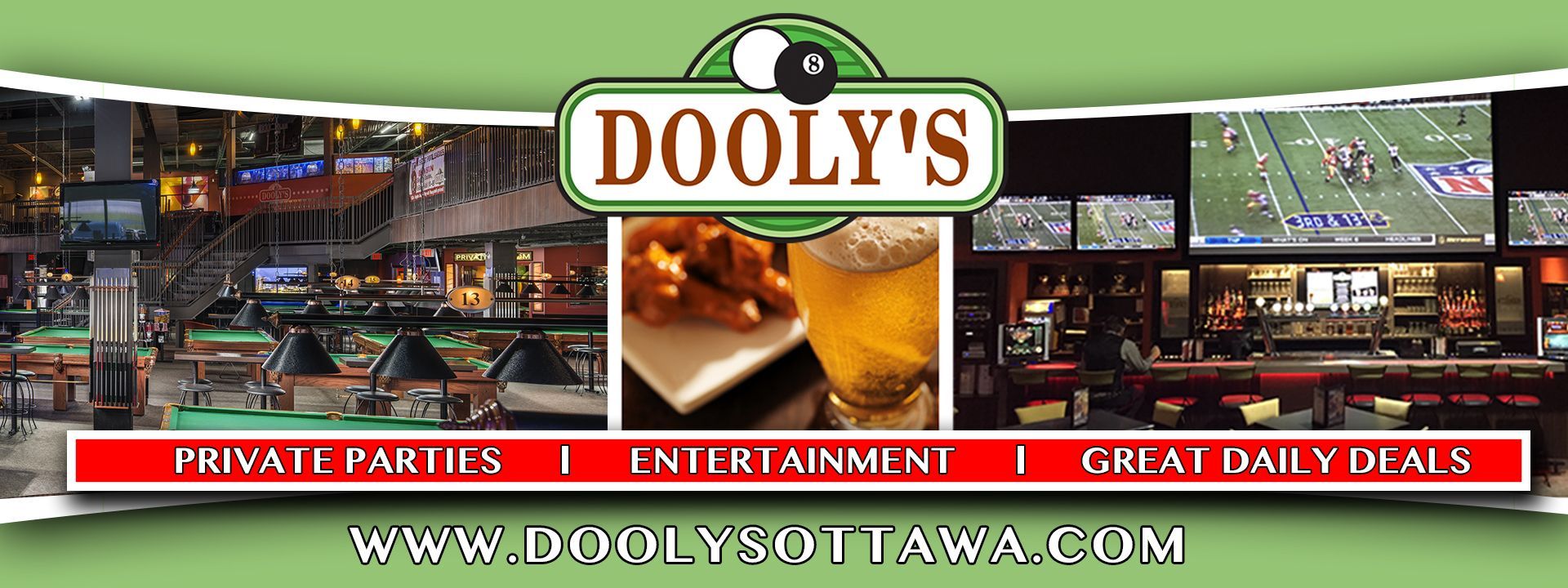 Dooly’s restaurant banner with food photos, storefront views, and red text: Private Parties, Entertainment, Great Daily Deals