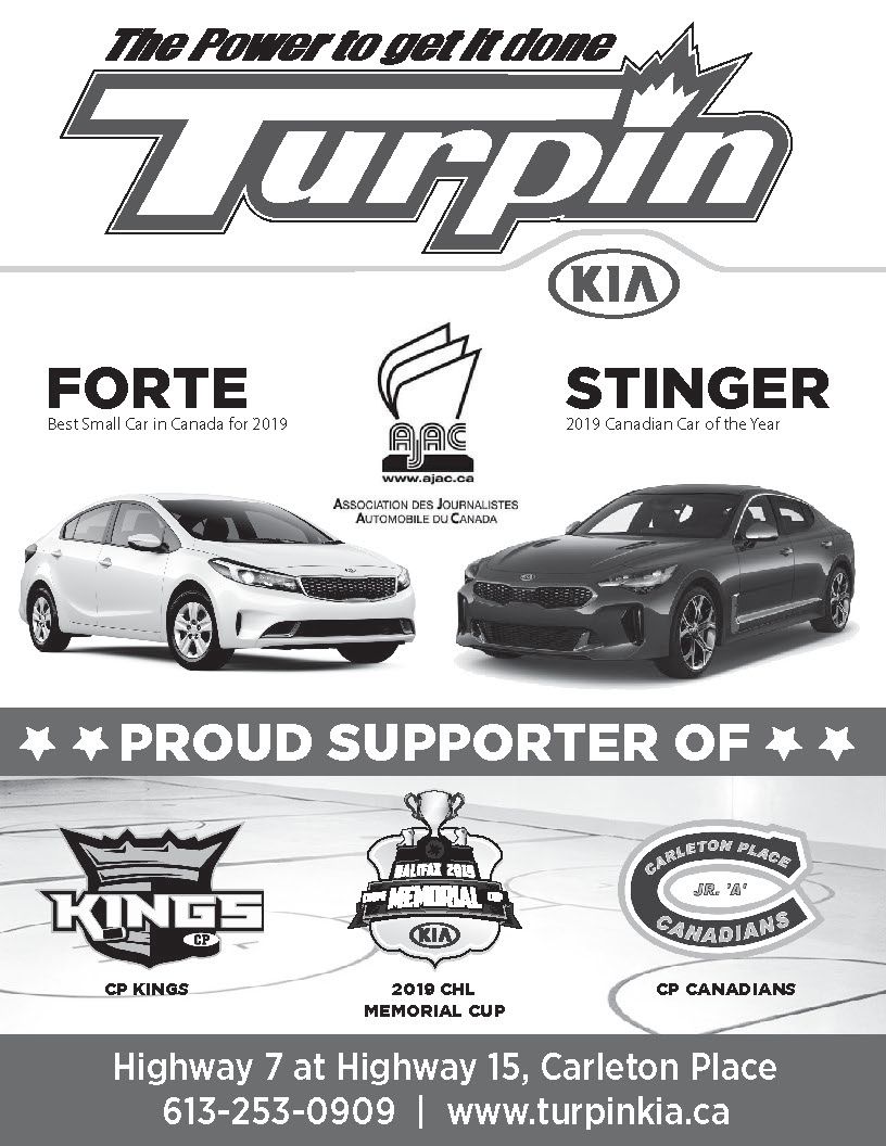 Turpin Kia ad with Forte and Stinger cars, Kia logo, and dealership location details.