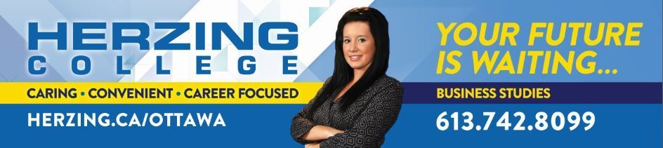 Herzing College ad with woman, campus logo, and phone number on blue and yellow background.