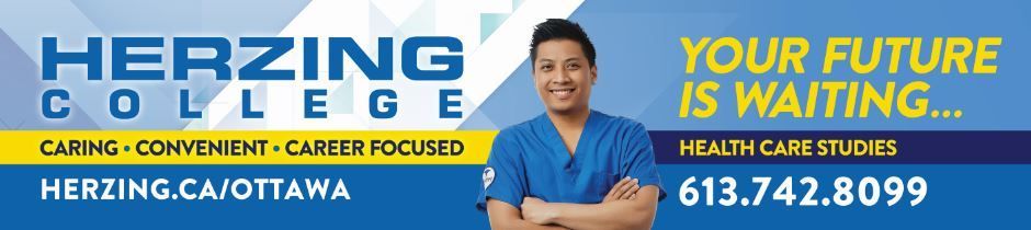 Herzing College ad with smiling student, Ottawa campus, and “Your future is waiting” text on blue background