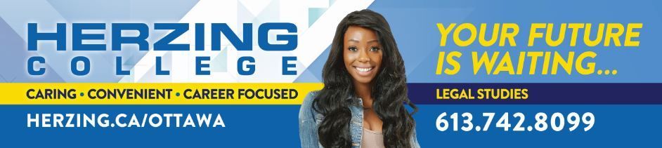Herzing College ad banner with smiling woman, campus branding, and phone number 613.742.8099